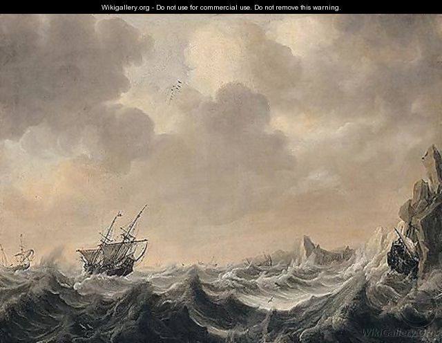 A Seascape With Men-of-war In A Stormy Sea - (after) Simon De Vlieger