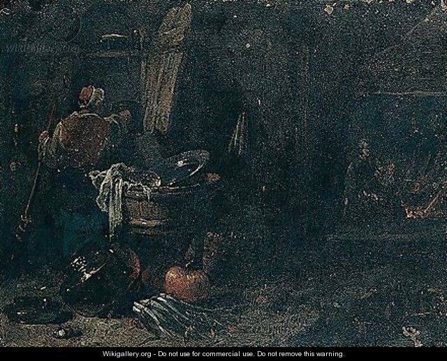 Domestic Interior With A Figure Sweeping, A Maid Spinning By A Fire Beyond - Willem Kalf