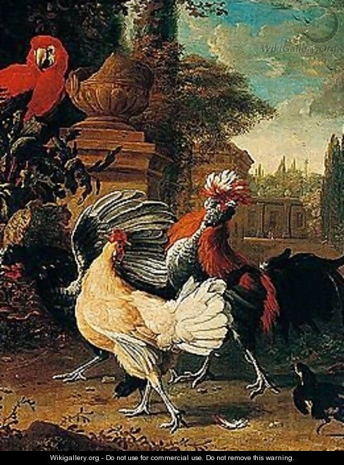 Cockerels, A Hen, And A Parrot In A Garden - (after) Melchior De Hondecoeter