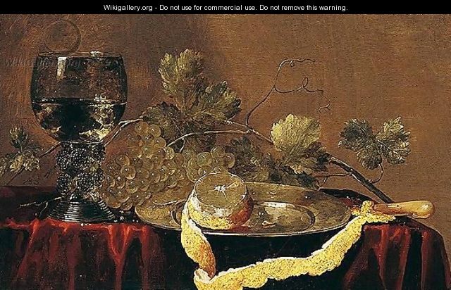 A Still Life Of A Peeled Lemon On A Pewter Dish, Grapes, And A Roemer, All On A Table Draped With A Red Cloth - Abraham Susenier