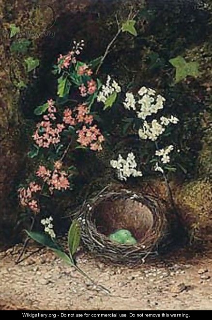 Still Life Of Birds Nest With Primulas And Blossom - John Atkinson Grimshaw