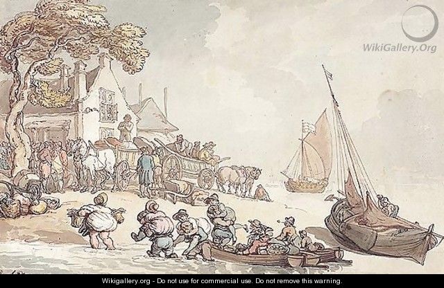 Figures Unloading Fishing Boats On The Shore - Thomas Rowlandson