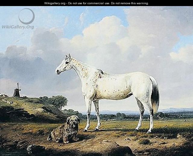 A Grey Hunter With Terrier In A Landscape - Charles Towne