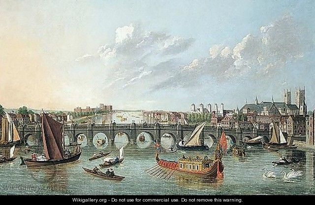 View Of The Thames With Westminster Bridge And Numerous Barges - (after) Samuel Scott