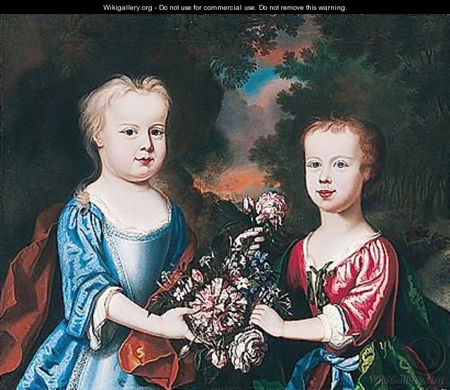 Portrait Of Two Children With Flowers In A Landscape - (after) Robert Byng Or Bing