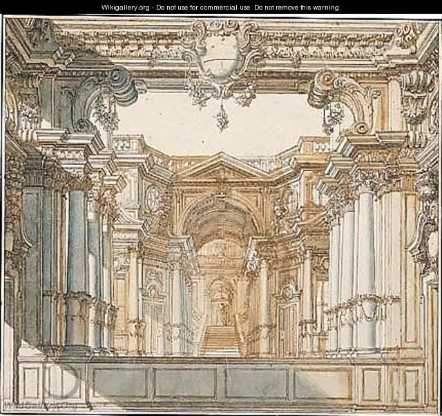 A stage design, a palace courtyard with a huge arch leading to a stairway - Antonio Galli Bibiena
