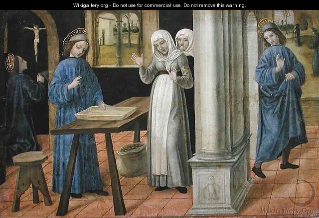 The Prayer, The Miracle of the Sieve and the Departure for Subiaco, predella panel from an altarpiece depicting Scenes from the Life of St. Benedict - Ambrogio da Fossano (Il Bergognone)