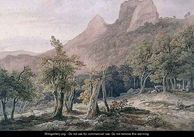 Rocky Landscape with figures and a lake in the background - Henry Curzon Allport