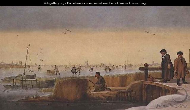 Winter Landscape with Figures on a Bridge, a Hunter and Skaters - Arent Arentsz