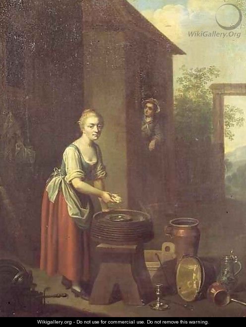A maid washing dishes in a yard - Johann Daniel Bager