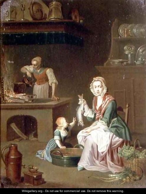Kitchen interior with a woman showing a fish to a child and a servant by a stove - Johann Daniel Bager