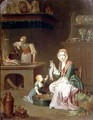 Kitchen interior with a woman showing a fish to a child and a servant by a stove - Johann Daniel Bager