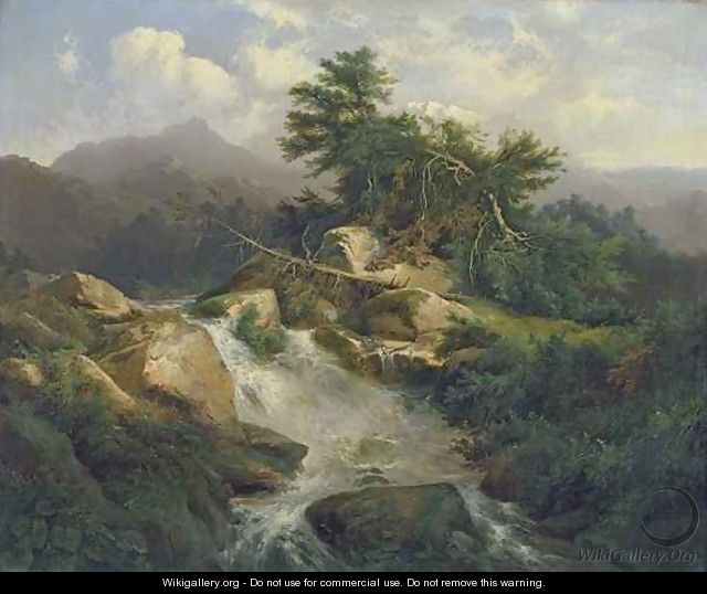 Forest Landscape with Waterfall - Julius Bakof