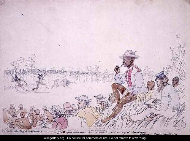 Lo Bengulu, King of Matabeleland, receiving his army on their return from a successful raid among the Mashonas - Thomas Baines