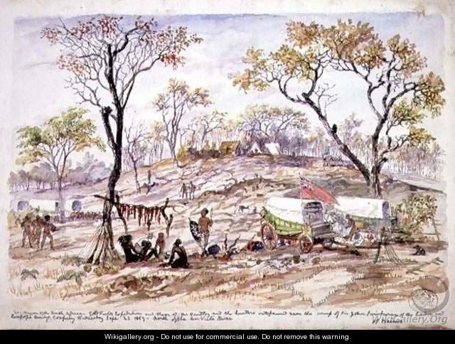 Wagon of the South African Goldfields Expedition and those of Mr Hartley outspanned near the camp of Sir John Swinburne of the London and Limpopo Mining Company - Thomas Baines