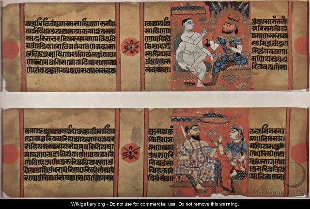 Kalpa Sutra and Kalak Acharya Katha manuscript, and the scene above Kalaka Saka king, scene below Balamitra and wife - Indian School