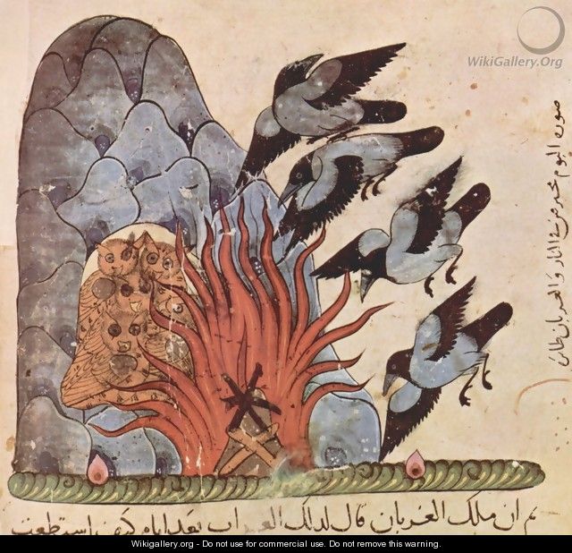 Kalila and Dimna of Bidpai, the owls with their wings make the fire to burn - Syrian Unknown Master