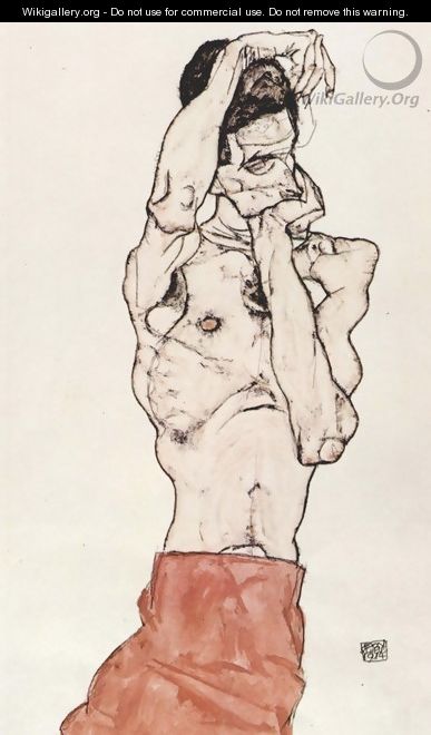 Male Nude with red scarf - Egon Schiele