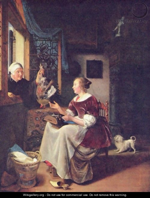 A young woman receives a cock from an old woman through the window - Pieter Cornelisz. van SLINGELANDT