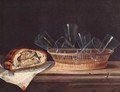 Basket with glasses, pie and a letter - Sebastien Stoskopff