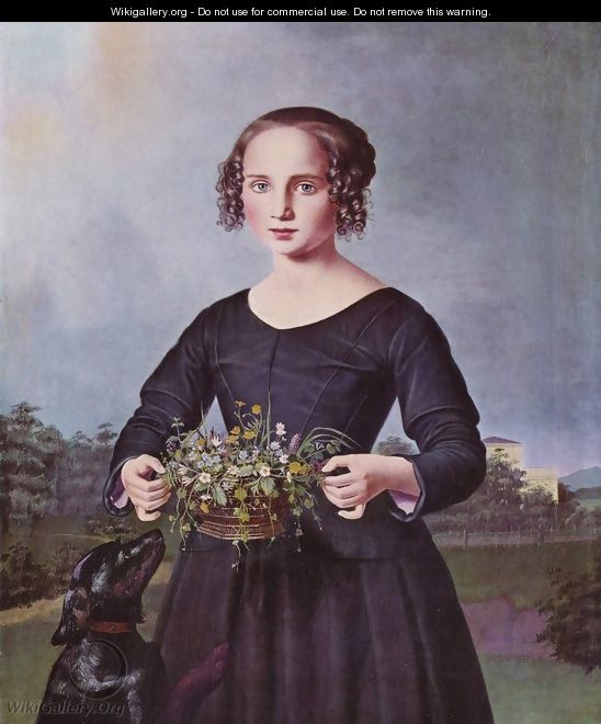 Portrait of a girl with dog and flowers - Ferdinand von Rayski