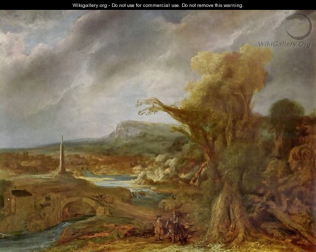 Landscape with Obelisk (possibly the flight into Egypt) - Rembrandt Van Rijn