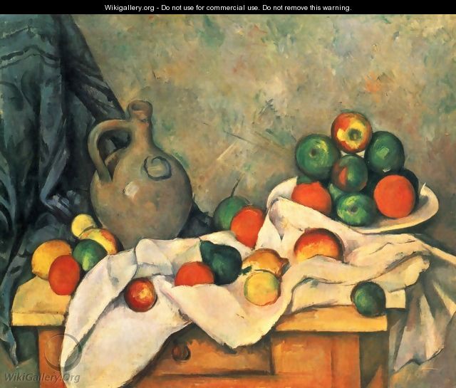 Still life, drapery, jug and fruits - Paul Cezanne