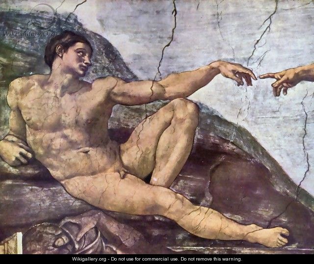 Ceiling fresco for the story of creation in the Sistine Chapel, the main scene, the Creator God created Adam, Adam Detail - Michelangelo Buonarroti