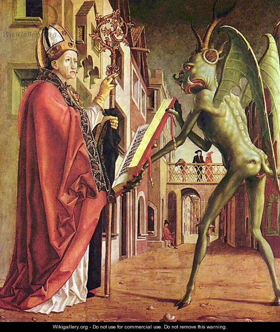 Fathers altar outside, bottom right wing scene, St. Augustine and the Devil - Michael Pacher