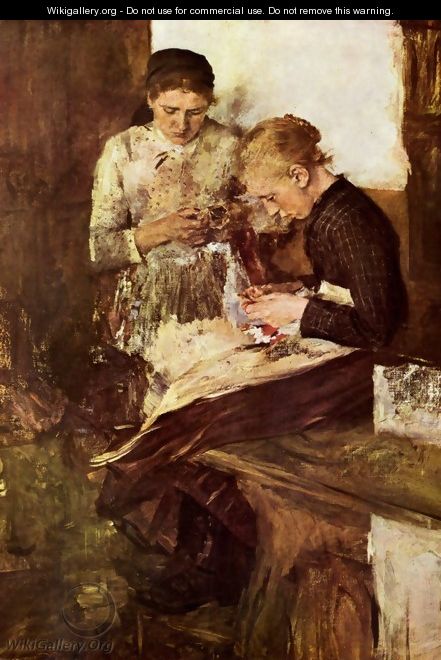 Knitting girls on the bench - Wilhelm Leibl