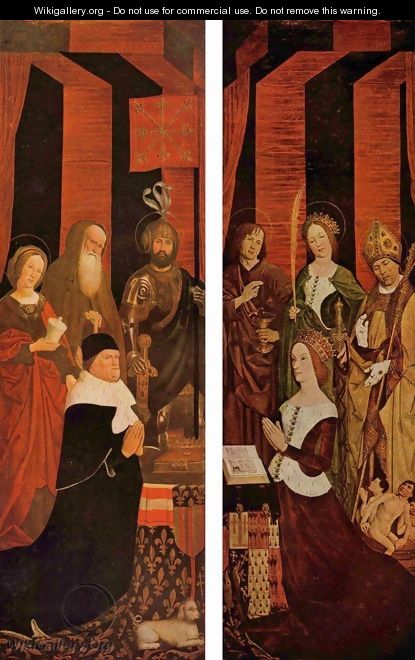 Triptych of the Burning Bush, left and right wing scene portrait of King Rene of Anjou and his wife Jeanne de Laval - Nicolas Froment