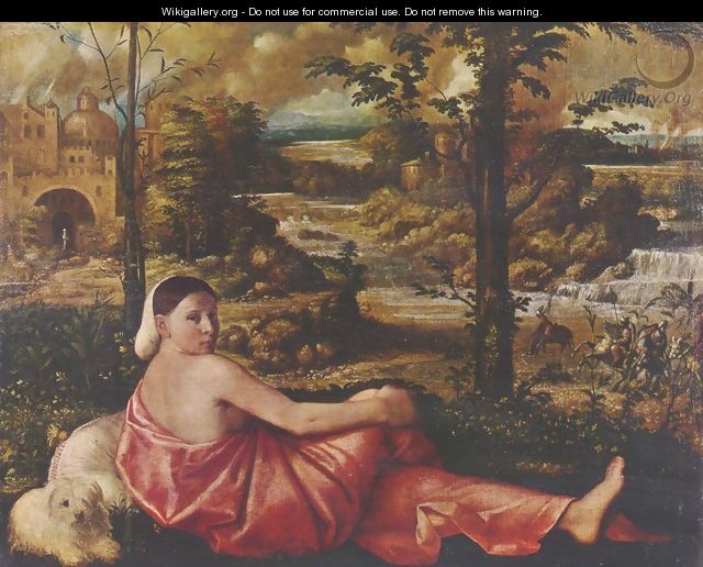 Dormant woman with a white lap dog in a landscape - Cariani