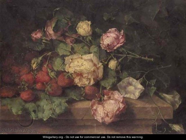 Still Life Of Roses And Strawberries - Margaretha Roosenboom
