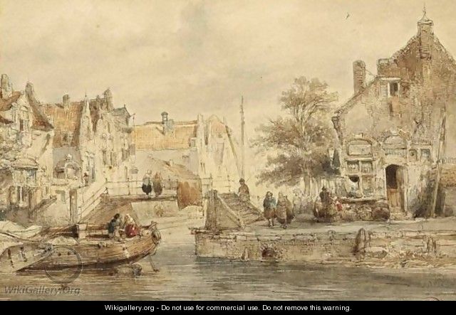 A Town View With Figures By A Canal - Salomon Leonardus Verveer