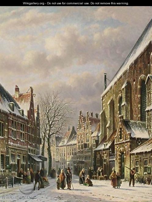Villagers In The Streets Of A Wintry Town - Johannes Franciscus Spohler