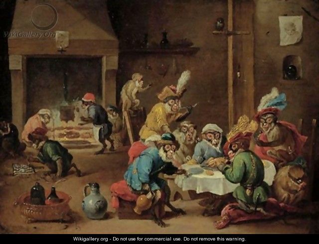 Interior With Monkeys Seated Around A Table, Others In The Background - (after) David The Younger Teniers