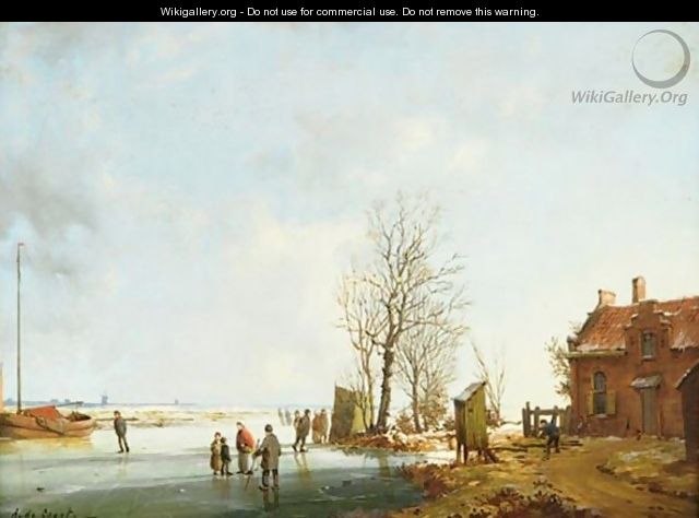 Iceskaters In A Winter Landscape A Pair - A. De Groote
