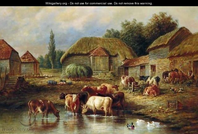 Farmyard Scene With Cattle Watering - Henry Charles Bryant