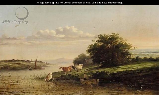 River Landscape With Cattle Watering - (after) Henry John Boddington