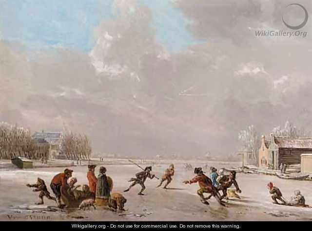 A Winter Landscape With Skaters On A Frozen River - Vincent Laurentsz. van der Vinne I