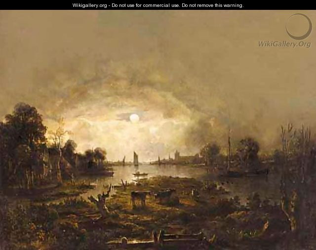 A River Landscape By Moonlight With Cattle In The Foreground And Shipping Beyond - (after) Aert Van Der Neer