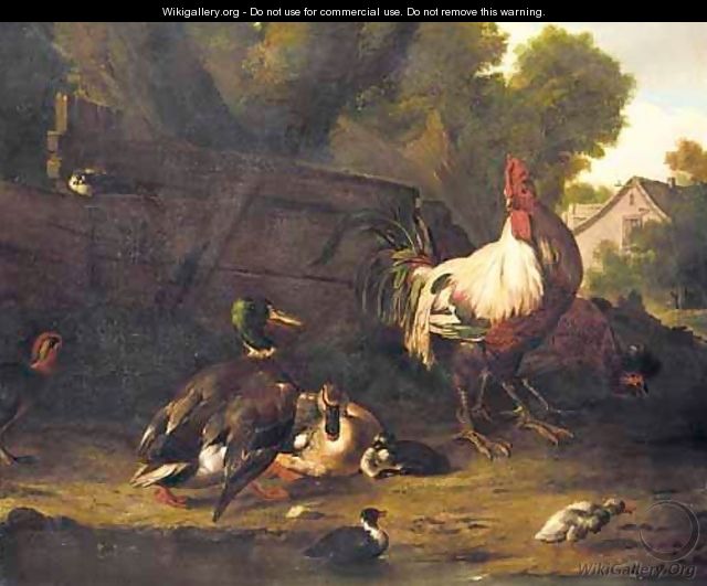 A Farmyard Scene With Chickens, Mallard Ducks And Other Birds, A Cottage Beyond - (after) Adriaen Van Oolen