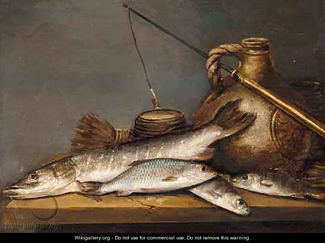 A Still Life With A Pike And A Perch Together With A Stoneware Jug And A Fishing Line On A Table - (after) Pieter De Putter