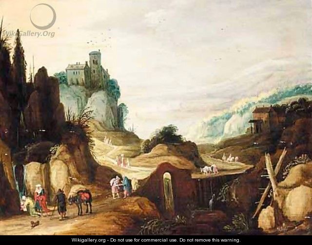 An Extensive Mountain Landscape With Travellers Drinking From A Stream, A Bridge Beyond - (after) Joos Or Josse De, The Younger Momper
