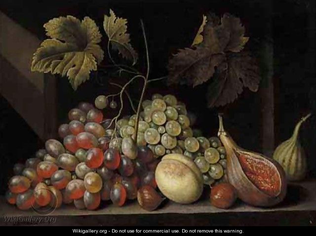 A Still Life With Grapes, Figs, Walnuts And An Apricot, Together On A Stone Ledge - Cornelis De Bryer