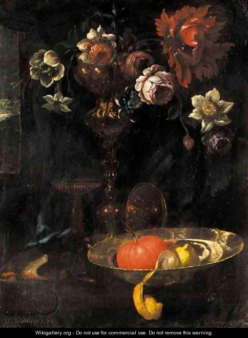 A Still Life Of A Peeled Lemon, An Orange, And Flowers In A Silver Gilt Cup Together On A Table - (after) Willem Kalf