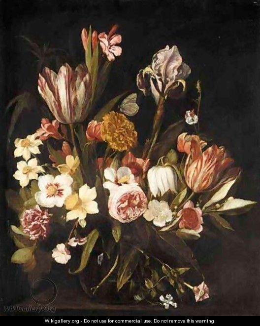A Still Life Of Tulips, Roses, Irises, Carnations And Various Other Flowers Together In A Glass Vase On A Ledge - Jan Philip van Thielen