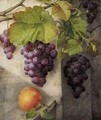 A Still Life With Grapes On A Vine And A Peach On A Stone Ledge - Christine Marie Lovmand