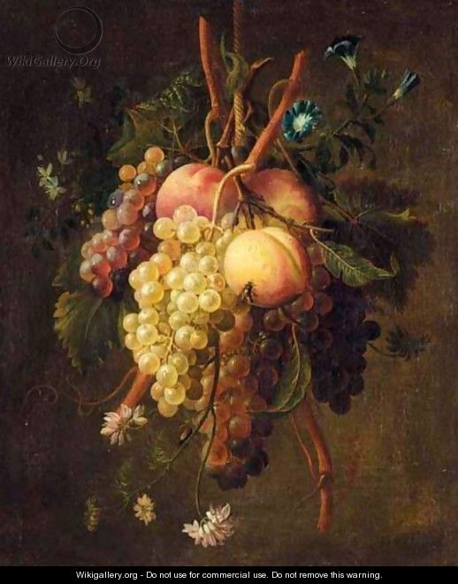 A Still Life Of Grapes, Peaches And Flowers Suspended From A Rope - Francois Nicolas Laurent