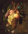 A Still Life Of Grapes, Peaches And Flowers Suspended From A Rope - Francois Nicolas Laurent